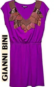 𝅺$110 Gianni Bini Embellished Beaded Deep-V Elastic Waist Dress Size Small