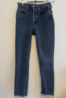 RE/DONE ORIGINALS High Rise Ankle Crop Blue Jean Size 24 Raw Fray Hem Button Fly