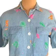 Vintage 80s Diane Von Furstenberg Shirt Chambray Vibrant Southwest Abstract Art