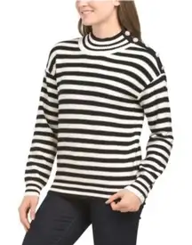 Aqua Striped‎ Mock Neck Sweater Rhinestone Button Detail Long Sleeve L