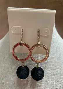 NWT Gold Drop Hoop Earrings w/ Black String Wrapped‎ Dangle Balls