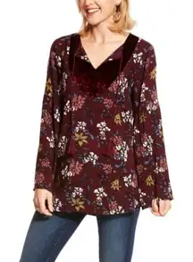 Ariat Women's Roulette Tie Neck Blouse Fancy burgundy‎ Velvet Floral - Small