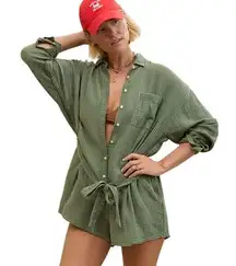 Aerie Long Sleeve Button Up Tie Waist Romper Green Women's Size Large Pool Party