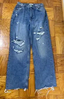 Zara The 90'S Full Length Jeans high Rise med blue size 8 causal distressred