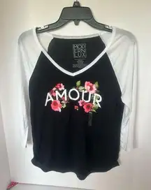 Modern Lux Women’s Black/white T-Shirt Amour Floral Long‎ Sleeve Size Large