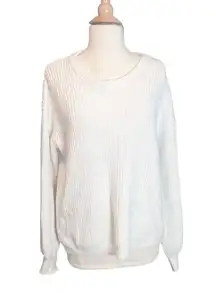 White Chunky Knit Sweater with Keyhole & Black Velvet Tie on Back