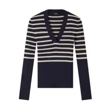A.P.C. Women's V-Neck Sweater in Dark Navy and Ecru Stripes