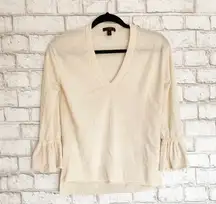 J. Crew V Neck Cream Ruffle Sleeve Sweater XS