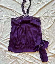 Marine Blu purple rhinestone satin halter tank top with bow on the side