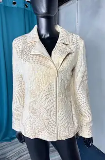 Chicos Womens Cream Gold Patterned Jacket‎ Zip Up Lightweight Unique Chic 1 size