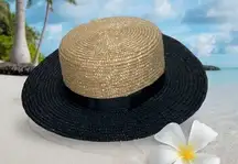 WhoWhatWear Black & Tan Color Block Straw Wide Brim Sun Beach Cruise Summer 8”