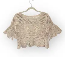 Boho Crochet Lace Crop Top Cream Scallop Hem Festival Beachy Cotton Small