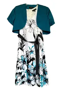 R&M Richards Women’s 2-Piece Dress Set Size 12 Teal Bolero Floral Fit & Flare