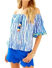 Lilly Pulitzer Shirt Multi Color Sain Off  Shoulder Tassel Short Sleeve Medium