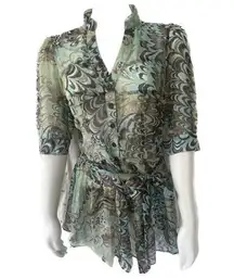 Sugar Lips Women's Sheer Swirly Watercolor Artsy Art Deco Retro Blouse Top XS