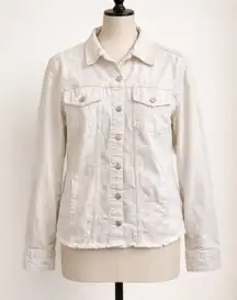 LC Waikiki Vision Women’s White Denim Jacket Size 38 Frayed Hem Button Up