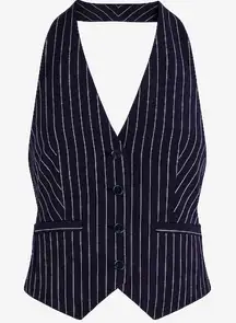 Express Pinstripe Halter Vest Sleeveless Button Front Navy Blue White Size L