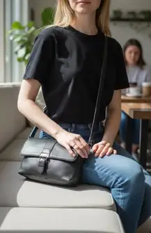 Jaclyn Smith Black Leather Crossbody Shoulder Bag Flap Buckle Closure