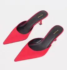 RED SATIN POINT TOE MID STILETTO HEELED MULES