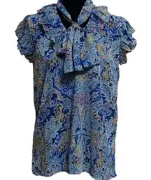 Elan Ava Ruffle Top Blue Tapestry Print Tie Neck Sheer Size Medium