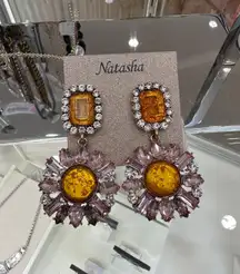 NWOT Natasha  statement amber pink sunflower dangle earrings