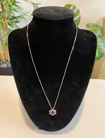 VTG Sterling Checkerboard Cut Garnet & Diamond Pendant w IJC Italy 18” Box Chain