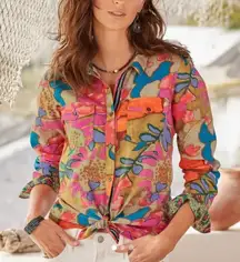 Sundance PS Floral Joy Top Button Down Shirt 100% Cotton Colorful Vibrant