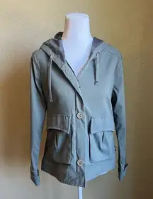 PRANA grey Y2K style nylon hooded button down jacket | small