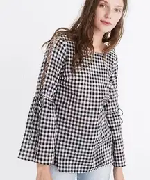 Madewell Gingham Lace Up Bell Sleeve Top Black & White Womens Size Small