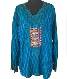 Tribal embroidered crocheted lace cotton silk light weight long sleeve tunic