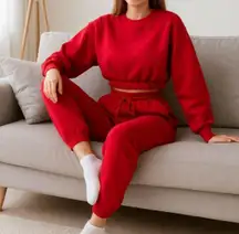 Zenana 2 Pcs Crop Sweatshirt Tracksuit Jogger Pants Set Outfit Active Loungewear Red Size Small