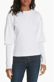 Veronica Beard Ribbed Long Sleeve Top Lyon Puff Sleeve White Sz M Elevated Basic