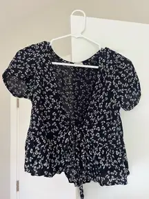 Navy floral tie blouse