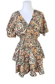 Zara AOP Ikat Print Tiered Elastic Waist Dress Tan Green Tribal MEDIUM Boho Chic
