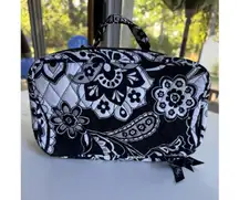 Vera Bradley Makeup Organizer Bag Large Black White Paisley Two Compartments Zip