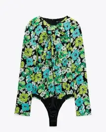 Zara Draped green floral bodysuit size XS NWT