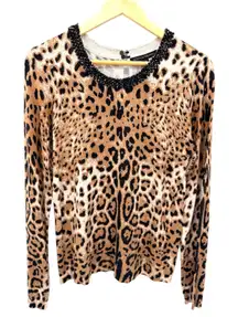 Boston Proper Beaded Neck Leopard Print Sweater Top Medium M Long Sleeve Casual