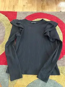 ZARA Ruffle Sleeve Ribbed Black Long Sleeve T Shirt Top Women’s Size Medium