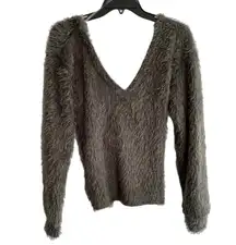 NEW Lush Women's Size Large Gray Fuzzy Eyelash Back Knot Detail Sweater