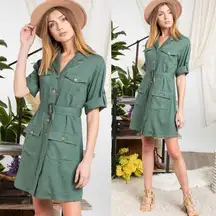 NEW "She's Unstoppable" Hunter Green Short Sleeve Tie Waisted Belt Dress