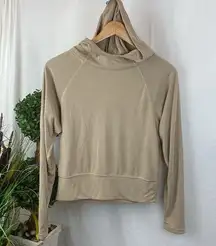 Mono B Tan Ribbed Full Out Barre Print Long sleeve Hoodie Crop Top NEW L