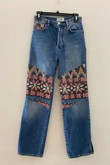 We The Free People 24 Denim Jean Embroidered Aztec Patchwork Rocky Mountain EUC