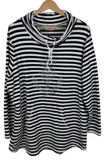 Quacker Factory Womens Rhinestone‎ Anchor Striped Knit Pullover Size 1X Nautical