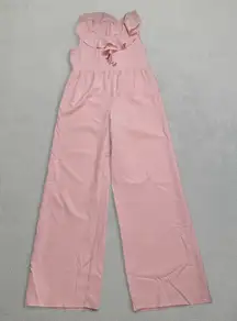 SHEIN Jumpsuit Pink Wide Leg Women Ruffle Neck Sleeveless Palazzo Pants Elastic