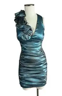 Vintage Y2K Cache Mini Formal Dress SIZE 6 Bodycon Ruffles Green Homecoming