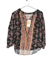 Top Womens Small Black Red Floral Boho Peasant
Stretchy Blouse