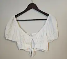 Olivaceous Crop Top White Puff Sleeve Keyhole Tie Front Neutral Summer Spring