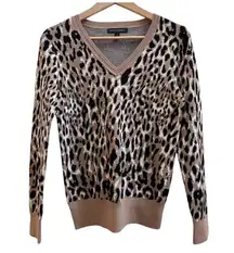 Merino Extra Fine Wool Blend Leopard Print V Neck Sweater XS