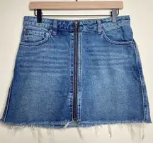 Free People We The Free Zip It Up Blue Denim Distressed Frayed Hem Skirt