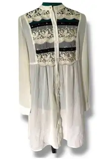 Vintage Y2K PINKY Women's Embroidered‎ Lace Sheer Button Front Fully Lined Tunic
